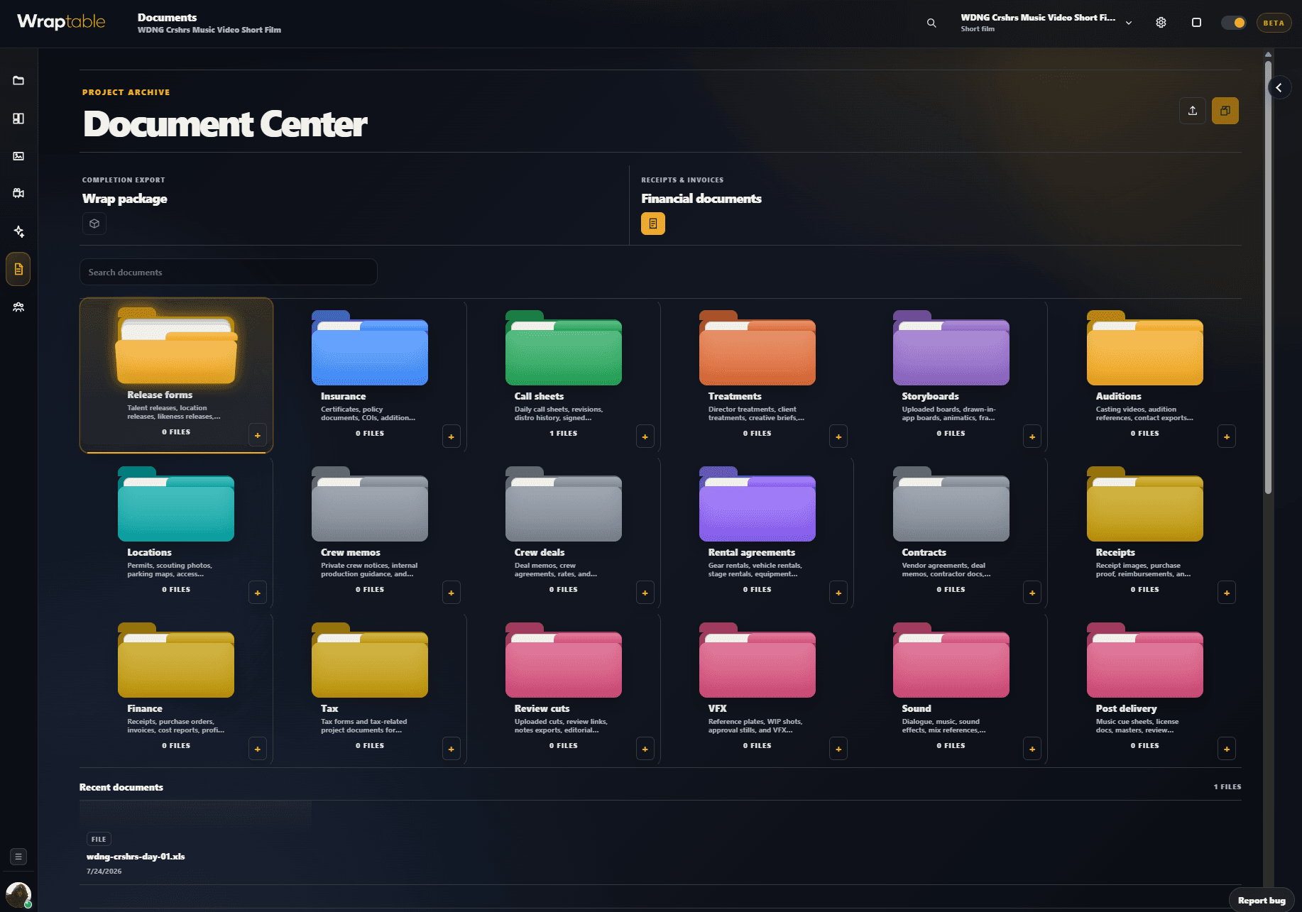 Wraptable document center with color-coded production folders