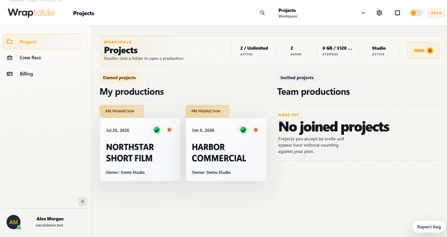 Wraptable Projects workspace in Light mode with fictional demo data