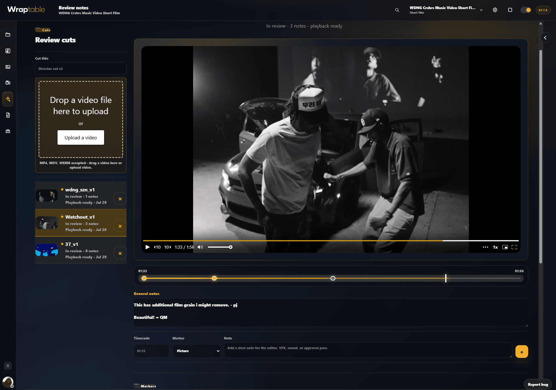 Wraptable video review workspace with timecoded notes