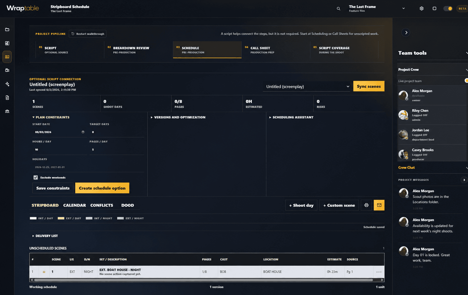 Wraptable stripboard scheduling workspace with fictional production data