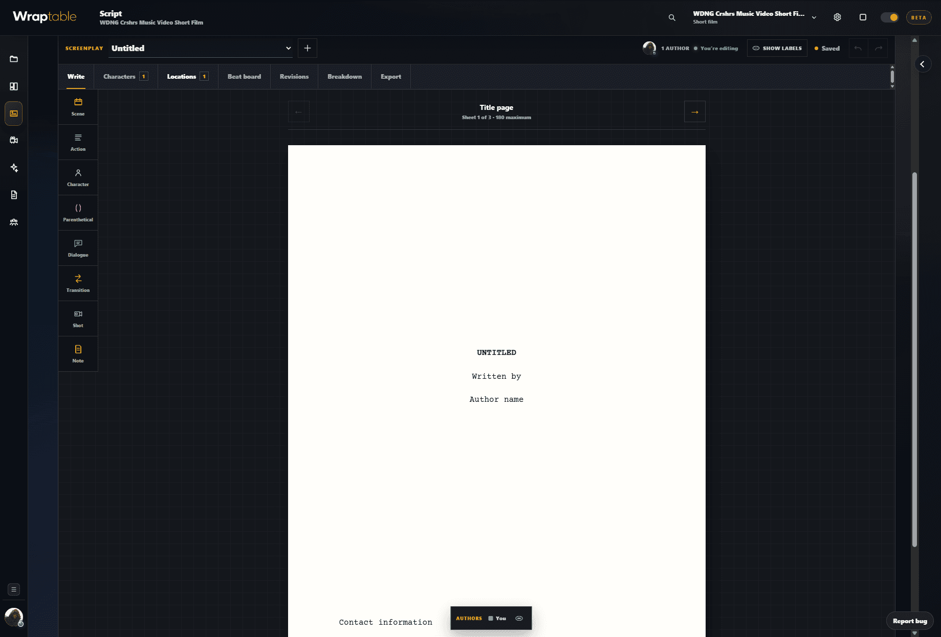 Wraptable Script Writer showing the title page, screenplay tabs, and structured element toolbar