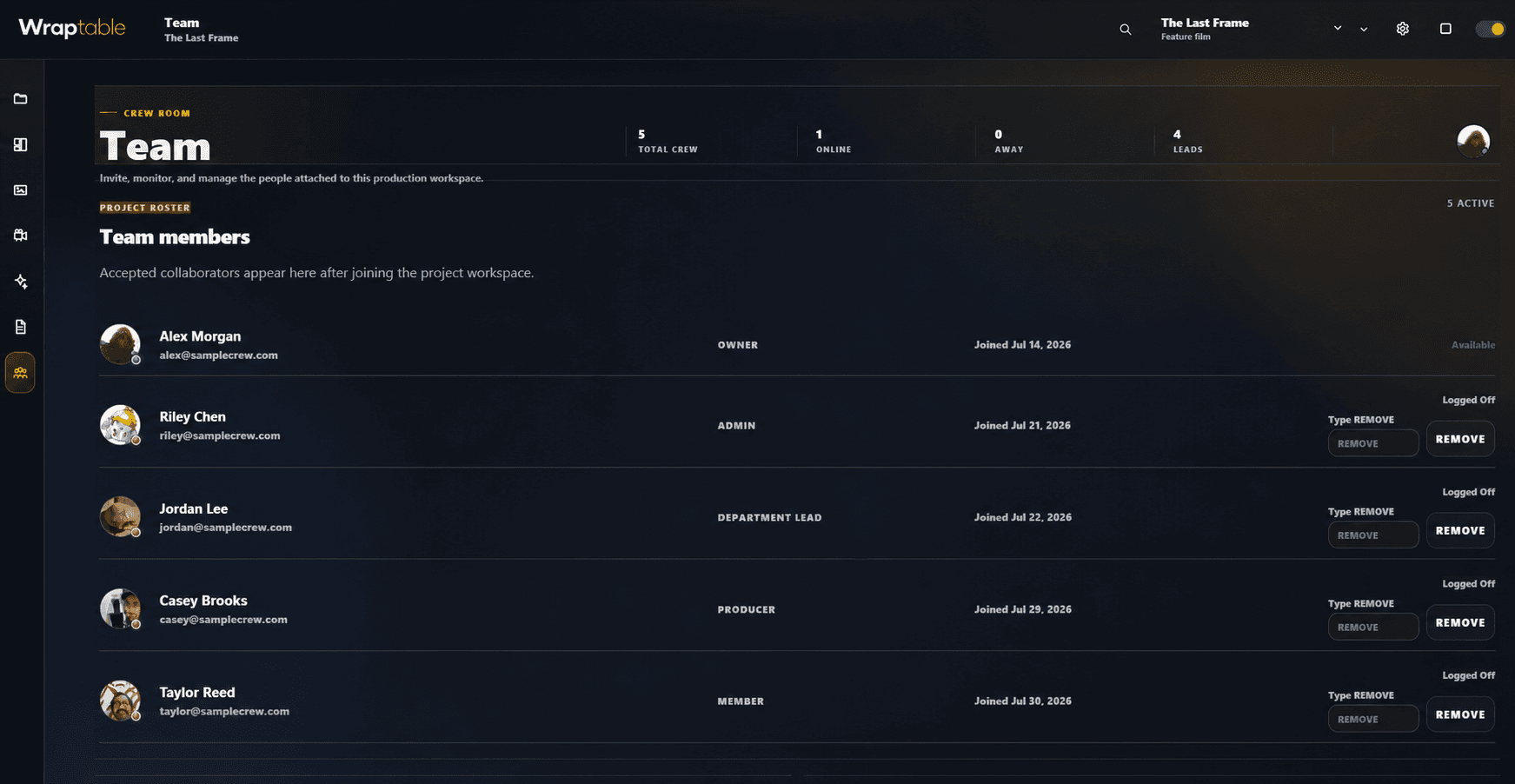 Wraptable team workspace with crew availability and fictional member data